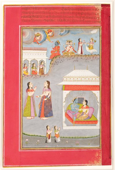 Labdhapraudha Nayika: Liebende in einem Pavillon, Kama, Brahma und Sarasvati oben, 1750 von Kassam